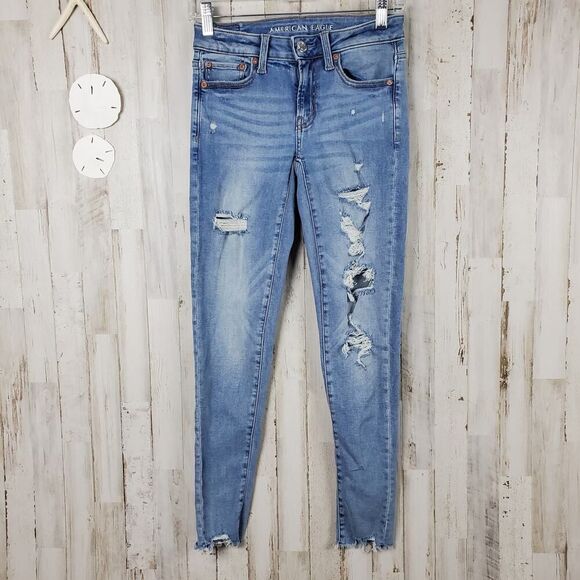 American Eagle Distressed Next Level Stretch Skinny Jeans Blue Size 2 - Picture 1 of 10
